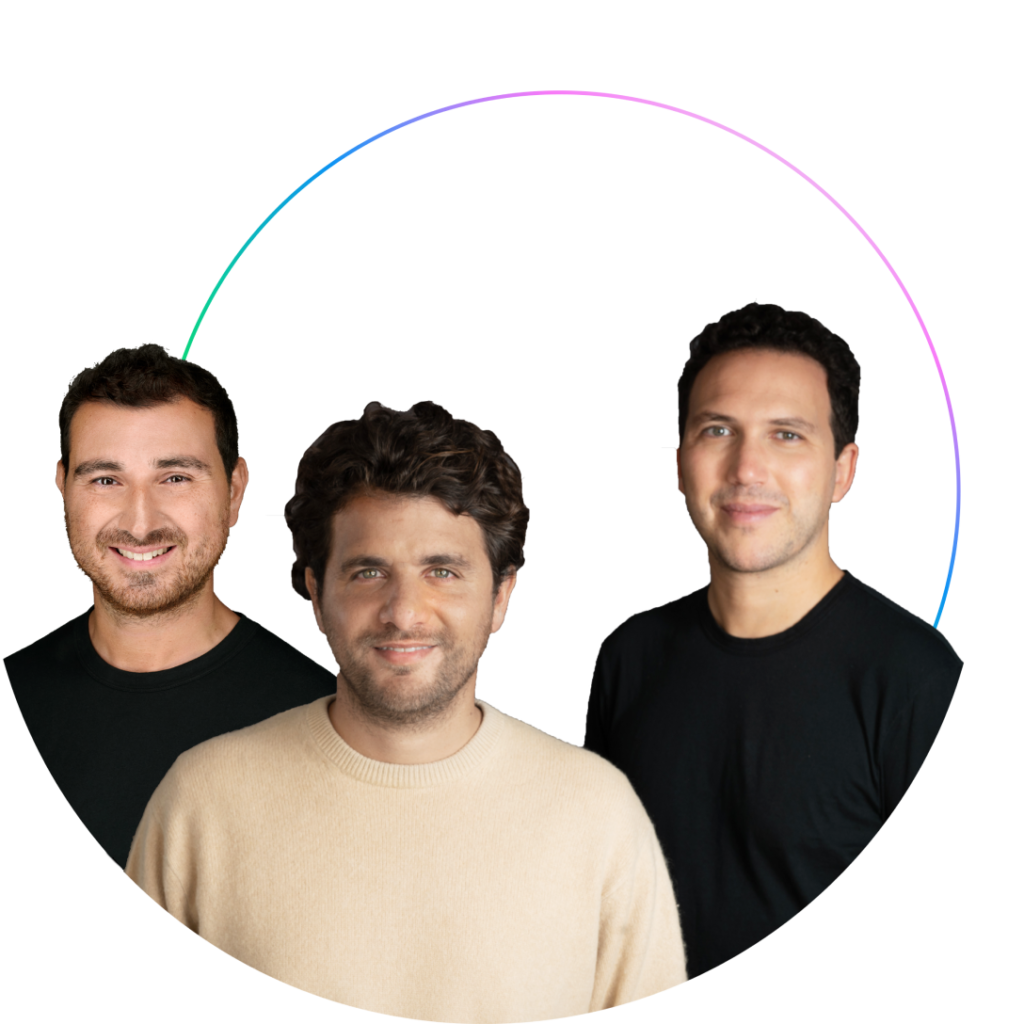 Smiling portrait photo of the 3 Jellysmack founders on a black background. 