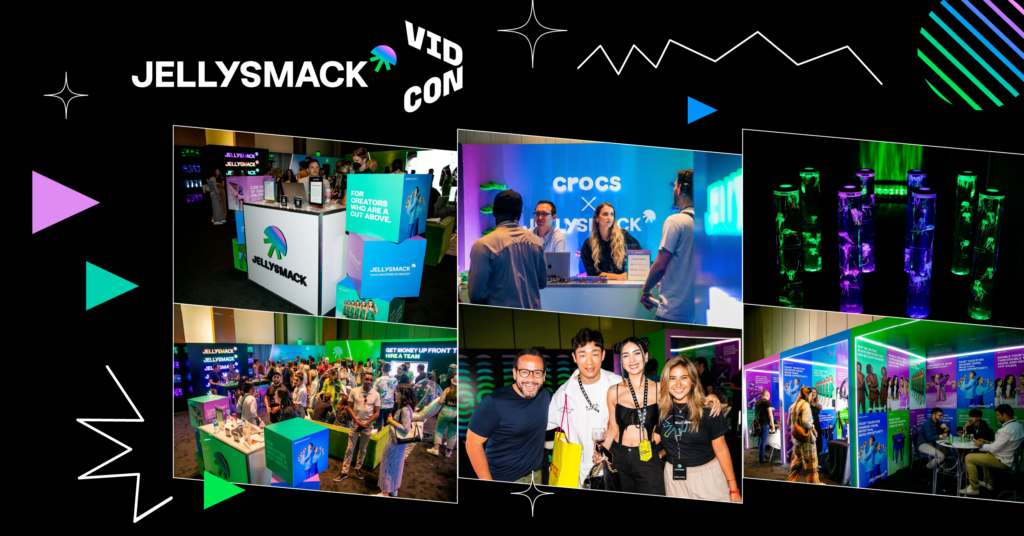 A collage of 6 images from Jellysmack's creator lounge at VidCon 2022 on black background with colorful graphic elements throughout. 