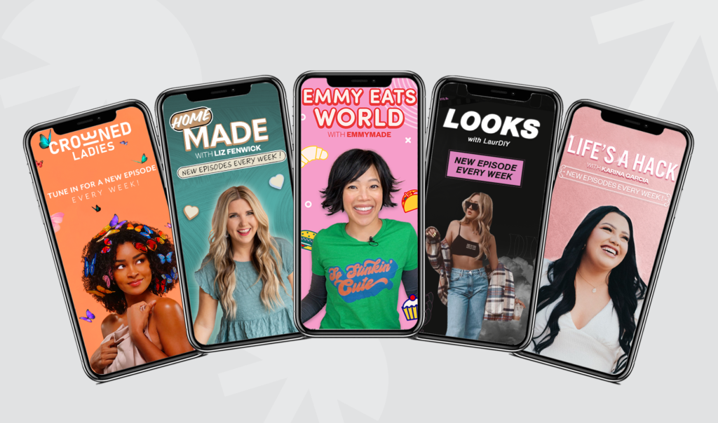 Five iPhones in a row. Each phone has a different image on the screen of a woman who represents a new creator show on Pinterest. 