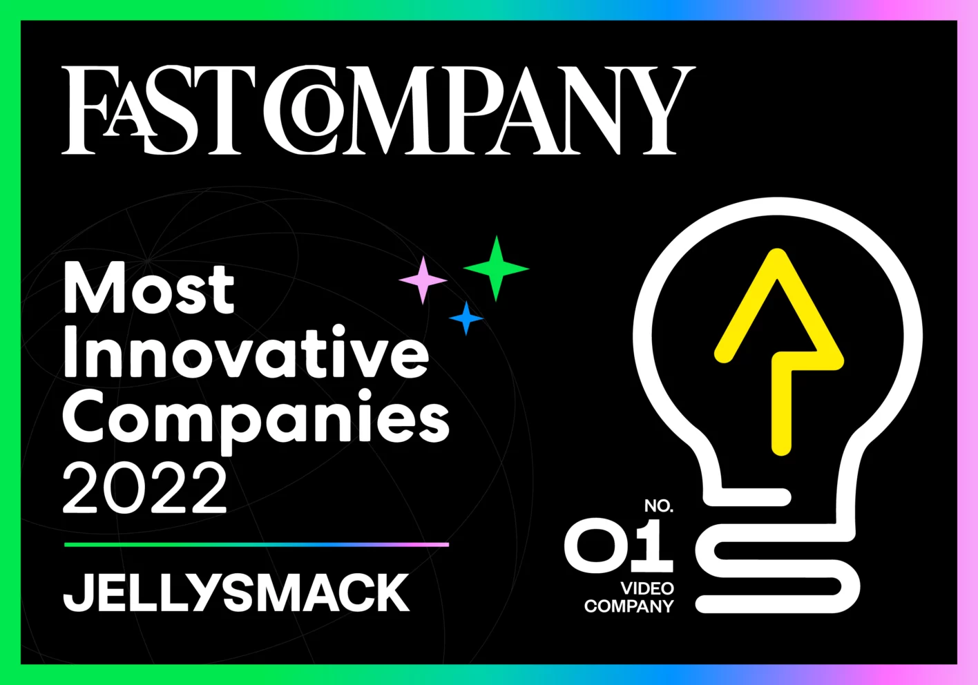 White Fast Company logo with "Most Innovative Companies 2022 - Jellysmack" in white underneath and light bulb graphic on on black background.