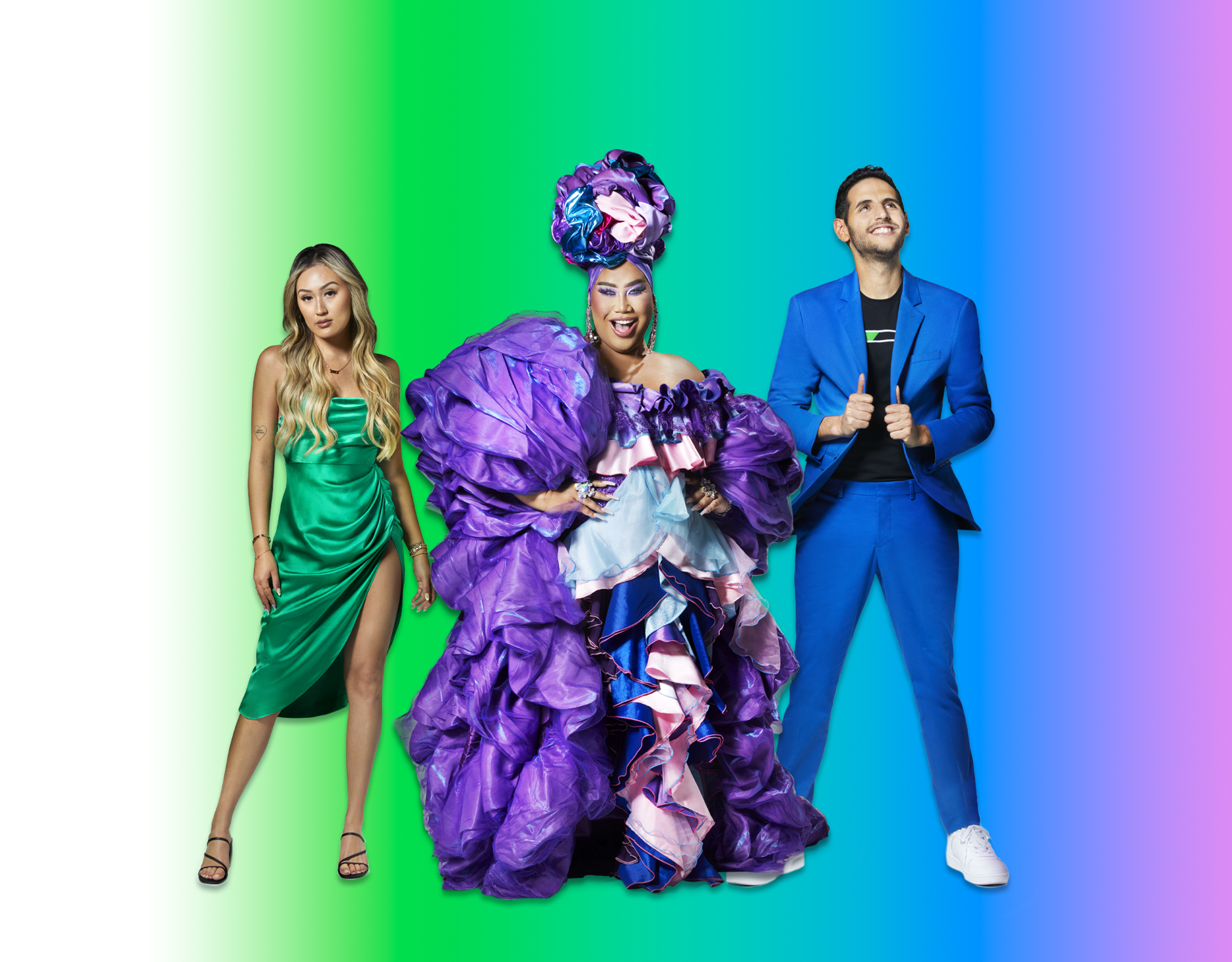 Leading YouTube and video creators LaurDIY, Patrick Starrr, and Nas Daily posed in a lineup in front of a gradient background.