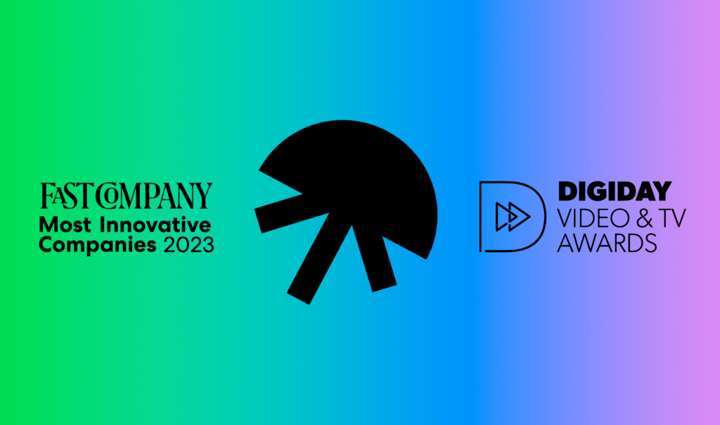Black Jellysmack logo, Fast Company Most Innovative Companies 2023 logo and Digiday Video & TV Awards logo on a rainbow gradient background