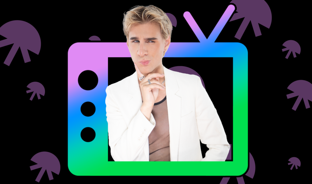 Man in white jacket framed by an animated TV with bright colors