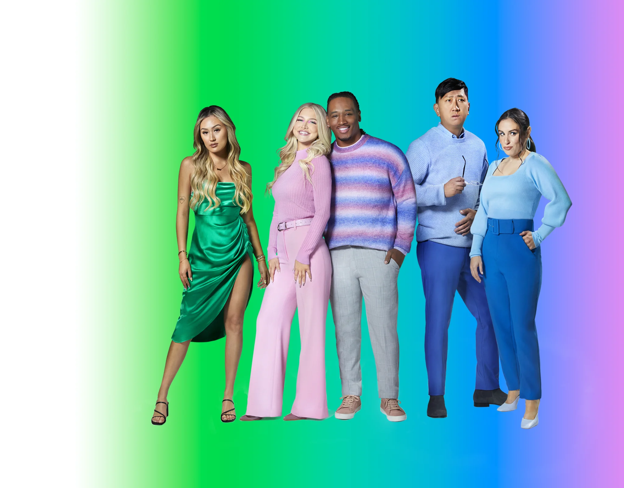 Five digital creators posing with a colorful gradient background.