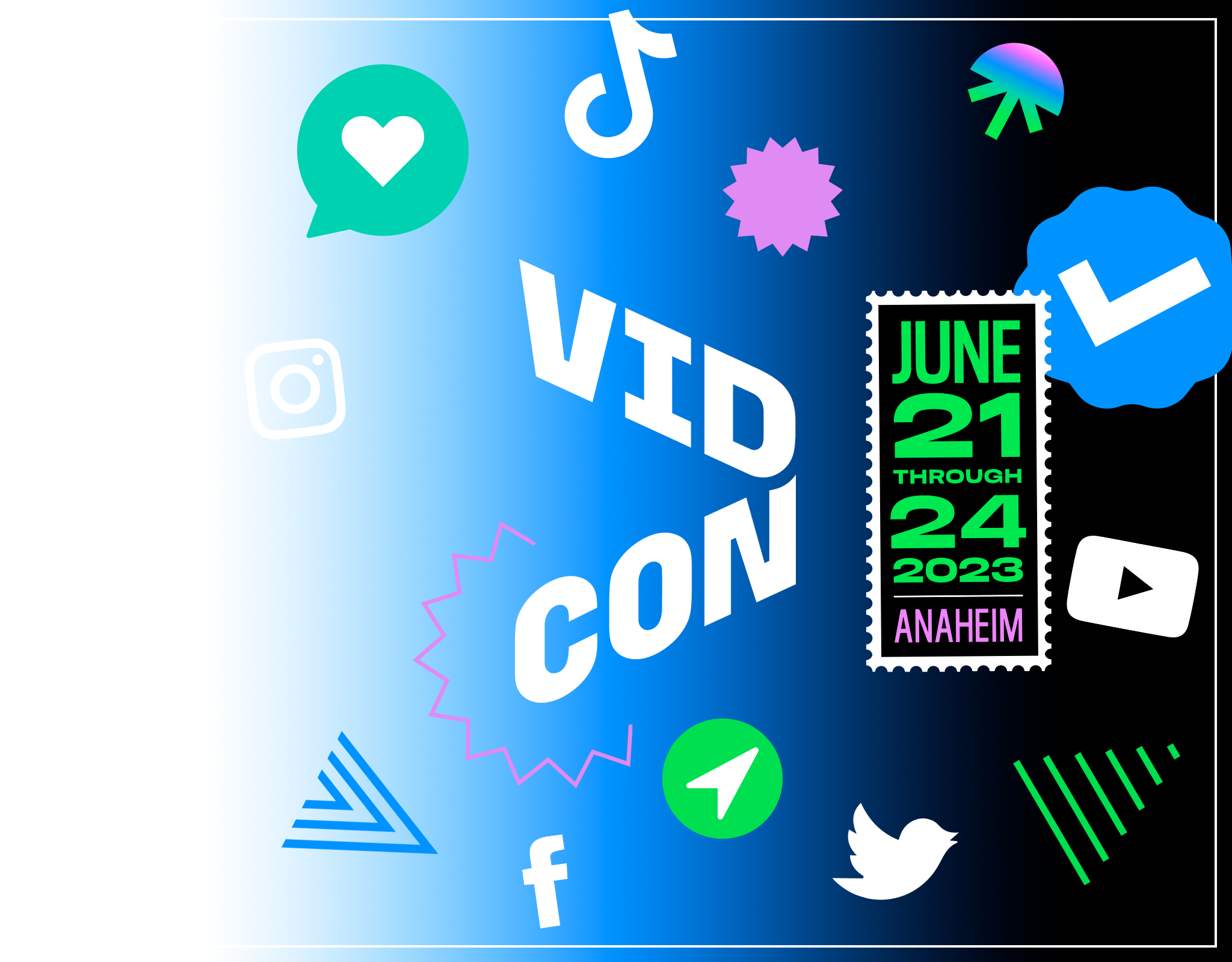 Colorful graphic with VidCon logo, Twitter, TikTok, Facebook, and YouTube logos