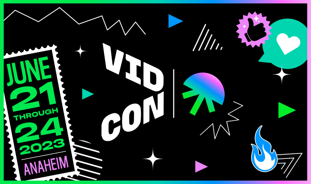 Black graphic with colorful emojis, VIDCON logo, Jellysmack logo, and stamp that reads June 21 through 24 Anaheim
