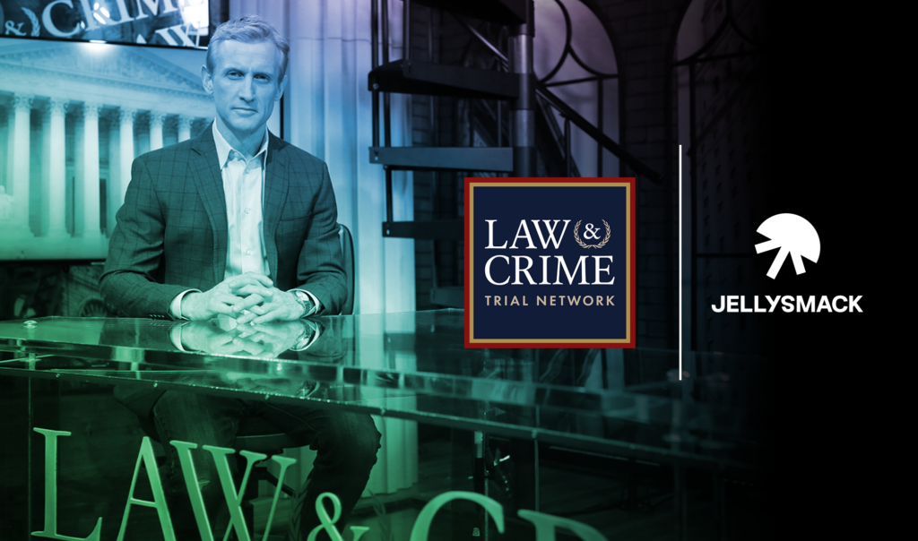 Legal commentator Dan Abrams sitting at news desk with Law and Crime and Jellysmack logos to the left.