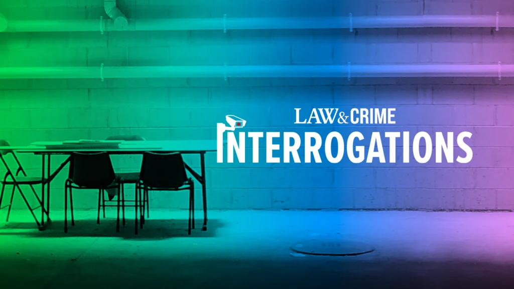 Sparse police interrogation room with table and four empty chairs with a colorful gradient overlay and the words Law and Crime Interrogations. 
