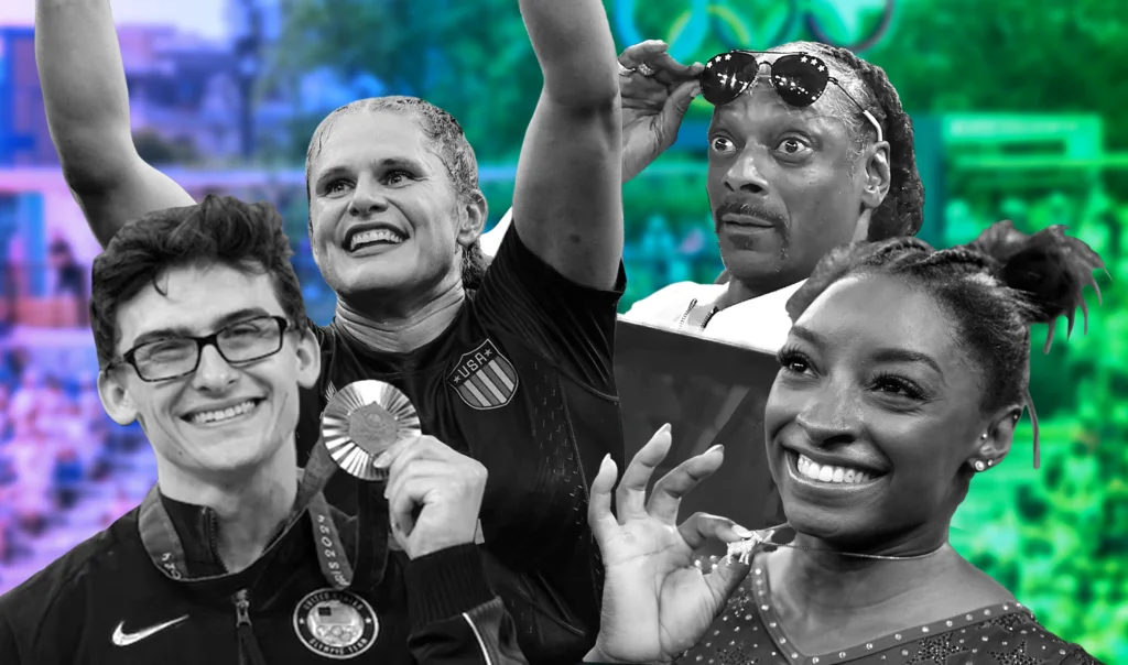 Team USA Olympic athletes Stephen Nedoroscik, Ilona Maher, and Simone Biles along with Snoop Dogg in a composition image with a colorful color wash background.